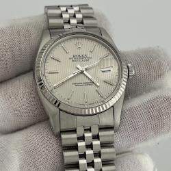 Pre Owned Rolex Datejust 16014 Automatic Silver Tapestry Stainless Steel Men's Wristwatch 36 mm