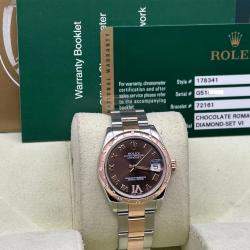 Pre Owned Rolex Datejust 178341 Automatic Chocolate Diamond 18k Rose Gold Stainless Steel Men's Wristwatch 31 mm
