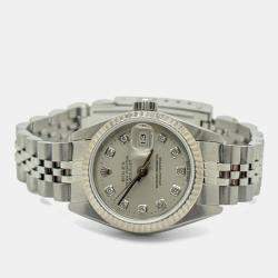 Pre Owned Rolex President Datejust 69174 Automatic Silver Diamond Stainless Steel 18k White Gold Men's Wristwatch 26 mm