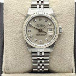 Pre Owned Rolex President Datejust 69174 Automatic Silver Diamond Stainless Steel 18k White Gold Men's Wristwatch 26 mm