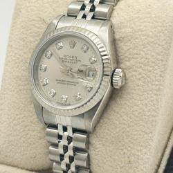 Pre Owned Rolex President Datejust 69174 Automatic Silver Diamond Stainless Steel 18k White Gold Men's Wristwatch 26 mm