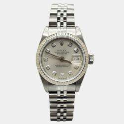 Pre Owned Rolex President Datejust 69174 Automatic Silver Diamond Stainless Steel 18k White Gold Men's Wristwatch 26 mm