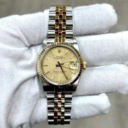 Pre Owned Rolex Datejust 68273 Automatic Champagne Tapestry 18k Yellow Gold Stainless Steel Men's Wristwatch 31 mm