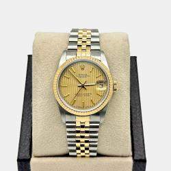 Pre Owned Rolex Datejust 68273 Automatic Champagne Tapestry 18k Yellow Gold Stainless Steel Men's Wristwatch 31 mm