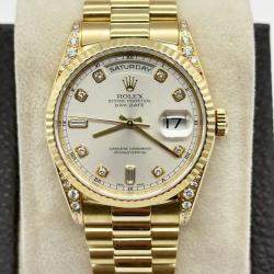 Pre Owned Rolex President Day-Date 18338 Automatic Diamond 18k Yellow Gold Men's Wristwatch 36 mm