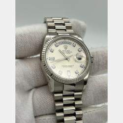 Pre Owned Rolex President Day-Date 118239 Automatic Silver Diamond 18k White Gold Men's Wristwatch 36 mm