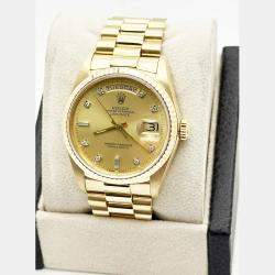 Pre Owned Rolex President Day-Date 18038 Automatic Champagne Diamond 18k Yellow Gold Men's Wristwatch 36 mm