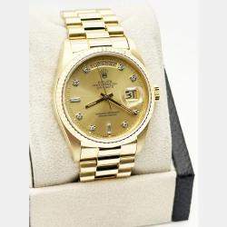 Pre Owned Rolex President Day-Date 18038 Automatic Champagne Diamond 18k Yellow Gold Men's Wristwatch 36 mm