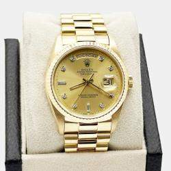 Pre Owned Rolex President Day-Date 18038 Automatic Champagne Diamond 18k Yellow Gold Men's Wristwatch 36 mm