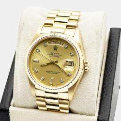 Pre Owned Rolex President Day-Date 18038 Automatic Champagne Diamond 18k Yellow Gold Men's Wristwatch 36 mm