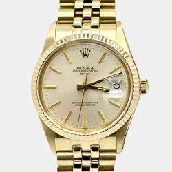 Pre Owned Rolex Oyster Perpetual Date 15037 Automatic Silver Dial 14k Yellow Gold Men's Wristwatch 34mm