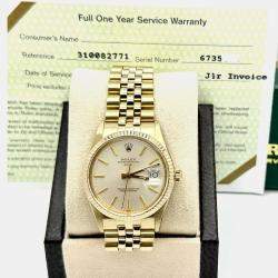 Pre Owned Rolex Oyster Perpetual Date 15037 Automatic Silver Dial 14k Yellow Gold Men's Wristwatch 34mm