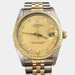 Pre Owned Rolex Oyster Perpetual Date 15053 Automatic Champagne Dial 18k Yellow Gold Stainless Steel Men's Wristwatch 34mm
