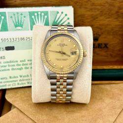 Pre Owned Rolex Oyster Perpetual Date 15053 Automatic Champagne Dial 18k Yellow Gold Stainless Steel Men's Wristwatch 34mm