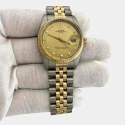Pre Owned Rolex Oyster Perpetual Date 15053 Automatic Champagne Dial 18k Yellow Gold Stainless Steel Men's Wristwatch 34mm