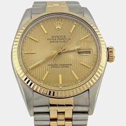 Pre Owned Rolex Datejust 16013 Automatic Champagne Tapestry Dial Stainless Steel 18k Yellow Gold Men's Wristwatch 36mm