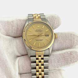 Pre Owned Rolex Datejust 16013 Automatic Champagne Tapestry Dial Stainless Steel 18k Yellow Gold Men's Wristwatch 36mm