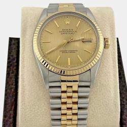 Pre Owned Rolex Datejust 16013 Automatic Champagne Tapestry Dial Stainless Steel 18k Yellow Gold Men's Wristwatch 36mm