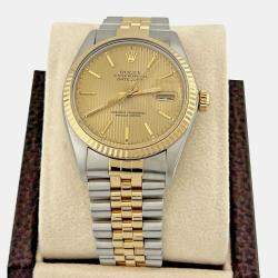 Pre Owned Rolex Datejust 16013 Automatic Champagne Tapestry Dial Stainless Steel 18k Yellow Gold Men's Wristwatch 36mm