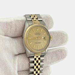 Pre Owned Rolex Datejust 16013 Automatic Champagne Tapestry Dial Stainless Steel 18k Yellow Gold Men's Wristwatch 36mm