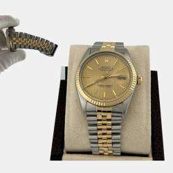 Pre Owned Rolex Datejust 16013 Automatic Champagne Tapestry Dial Stainless Steel 18k Yellow Gold Men's Wristwatch 36mm