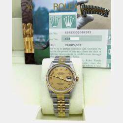 Pre Owned Rolex Datejust 16233 Automatic Champagne Arabic Dial 18K Yellow Gold Stainless Steel Men's Wristwatch 36mm
