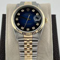 Pre Owned Rolex Datejust 16233 Automatic Blue Vignette Diamond Dial Stainless Steel 18k Yellow Gold Men's Wristwatch 36 mm