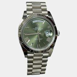 Pre Owned Rolex Day-Date 228239 Automatic Olive Green Dial 18k White Gold Men's Wristwatch 40mm