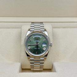 Pre Owned Rolex Day-Date 228239 Automatic Olive Green Dial 18k White Gold Men's Wristwatch 40mm