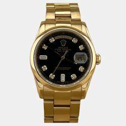 Pre Owned Rolex Day Date 118208 Automatic Black Diamonds 18k Yellow Gold Men's Wristwatch 36 mm