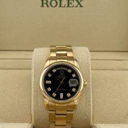 Pre Owned Rolex Day Date 118208 Automatic Black Diamonds 18k Yellow Gold Men's Wristwatch 36 mm