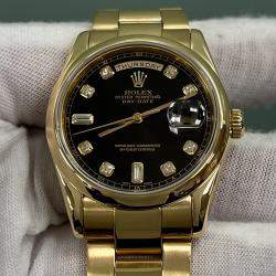 Pre Owned Rolex Day Date 118208 Automatic Black Diamonds 18k Yellow Gold Men's Wristwatch 36 mm