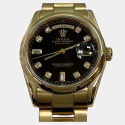 Pre Owned Rolex Day Date 118208 Automatic Black Diamonds 18k Yellow Gold Men's Wristwatch 36 mm