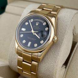 Pre Owned Rolex Day Date 118208 Automatic Black Diamonds 18k Yellow Gold Men's Wristwatch 36 mm