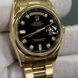 Pre Owned Rolex Day Date 118208 Automatic Black Diamonds 18k Yellow Gold Men's Wristwatch 36 mm