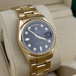 Pre Owned Rolex Day Date 118208 Automatic Black Diamonds 18k Yellow Gold Men's Wristwatch 36 mm