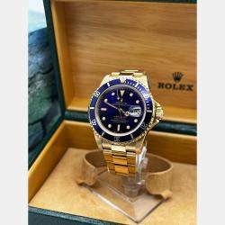 Pre Owned Rolex Submariner 16808 Automatic Blue 18k Yellow Gold Men's Wristwatch 40 mm