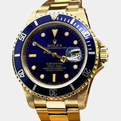 Pre Owned Rolex Submariner 16808 Automatic Blue 18k Yellow Gold Men's Wristwatch 40 mm