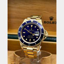 Pre Owned Rolex Submariner 16808 Automatic Blue 18k Yellow Gold Men's Wristwatch 40 mm