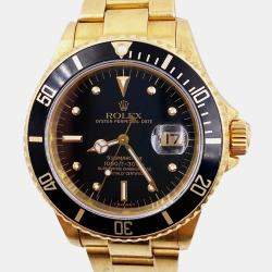 Pre Owned Rolex Submariner 16808 Automatic Black 18k Yellow Gold Men's Wristwatch 40 mm