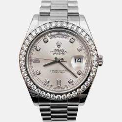 Pre Owned Rolex Day Date II 218349 Automatic White diamonds 18k White Gold Men's Wristwatch 41 mm