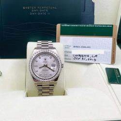 Pre Owned Rolex Day Date II 218349 Automatic White diamonds 18k White Gold Men's Wristwatch 41 mm