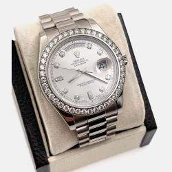 Pre Owned Rolex Day Date II 218349 Automatic White diamonds 18k White Gold Men's Wristwatch 41 mm