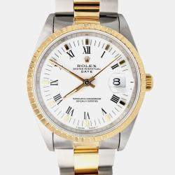 Pre Owned Rolex Oyster Perpetual Date 15223 Automatic White Roman Dial 18k Yellow Gold Stainless Steel Men's Wristwatch 34 mm
