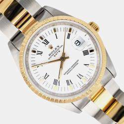 Pre Owned Rolex Oyster Perpetual Date 15223 Automatic White Roman Dial 18k Yellow Gold Stainless Steel Men's Wristwatch 34 mm