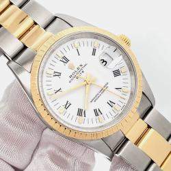 Pre Owned Rolex Oyster Perpetual Date 15223 Automatic White Roman Dial 18k Yellow Gold Stainless Steel Men's Wristwatch 34 mm
