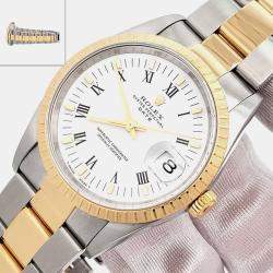 Pre Owned Rolex Oyster Perpetual Date 15223 Automatic White Roman Dial 18k Yellow Gold Stainless Steel Men's Wristwatch 34 mm