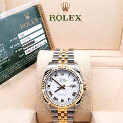Pre Owned Rolex Datejust 116233 Automatic White Roman Dial 18k Yellow Gold Stainles Steel Men's Wristwatch 36 mm