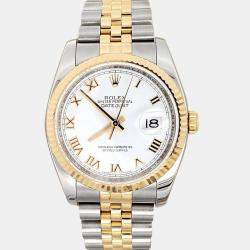 Pre Owned Rolex Datejust 116233 Automatic White Roman Dial 18k Yellow Gold Stainles Steel Men's Wristwatch 36 mm