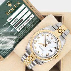 Pre Owned Rolex Datejust 116233 Automatic White Roman Dial 18k Yellow Gold Stainles Steel Men's Wristwatch 36 mm